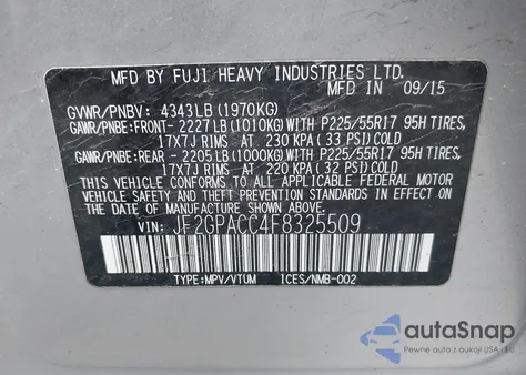 2015 Subaru Xv Crosstrek 2.0I Premium z USA, uszkodzony, nr VIN JF2GPACC4F8325509